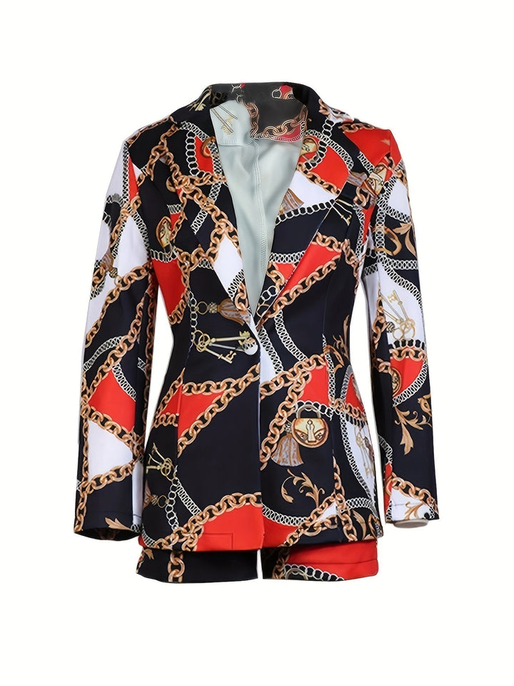 Monica | Dristig blazer- og shortssett med kjedetrykk