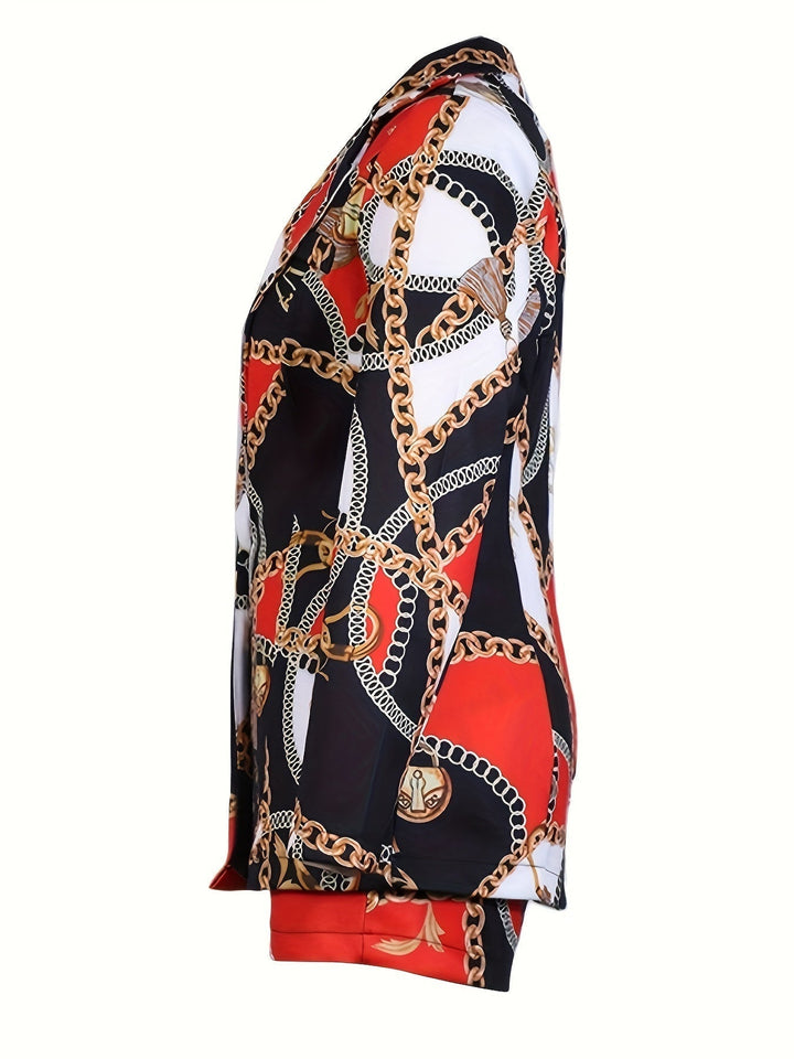 Monica | Dristig blazer- og shortssett med kjedetrykk